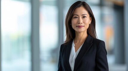 Professional businesswoman standing confidently in modern office environment, showcasing leadership and success.