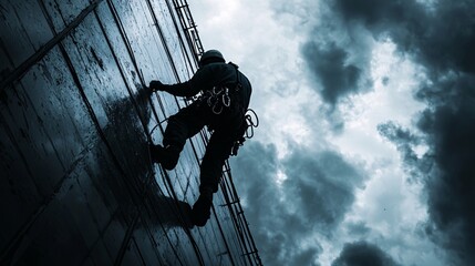 Laborer Braving a Stormy Sky While Clinging to Ropes on a High Rise Scaffold in Chaos