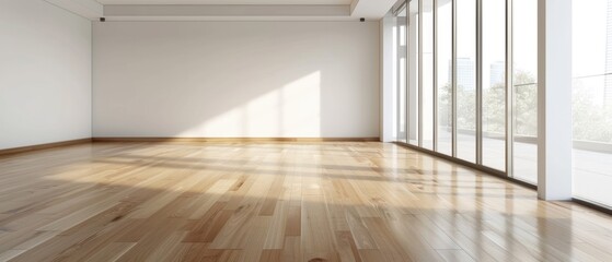 Obraz premium Spacious and bright empty room with wooden flooring and large windows allowing natural light to fill the space.