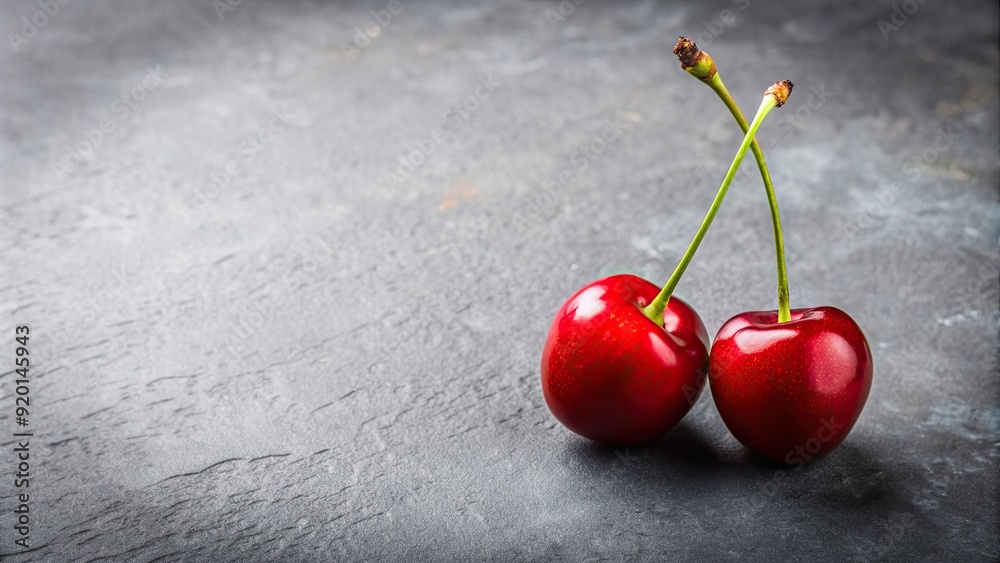 Wall mural Two ripe red cherries with double tails on a gray background, cherry, fruit, red, ripe, sweet, juicy, vibrant, colorful