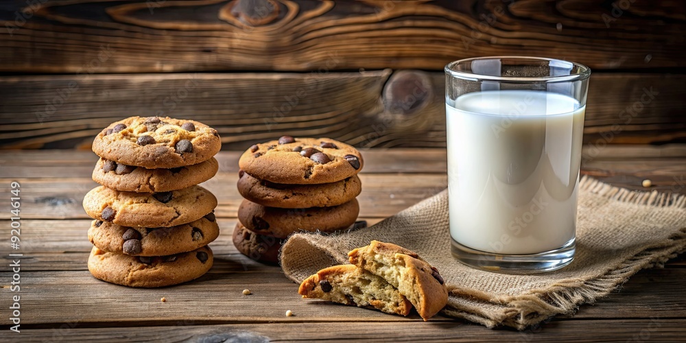 Canvas Prints Classic chocolate chip cookies and a glass of milk on a rustic wooden table, snack, dessert, baking, tasty, delicious