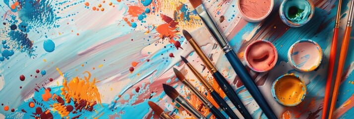 Artistic tools arranged from above featuring an inscription for Black History Month, including paint brushes, drawing pencils, and various creative supplies for art and craft projects.