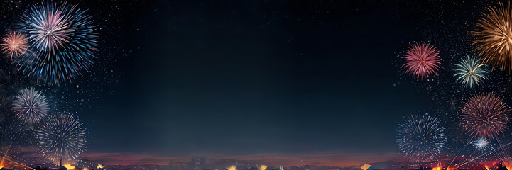 fireworks Festival frame with Bright crackers lights in night sky