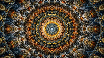 Luxurious and elegant abstract mandala shapes on backgrounds with shades of orange, yellow, red, and black, Mandala
