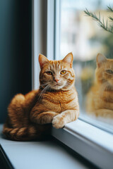 Cute orange ginger cat sitting and looking at the camera isolated.