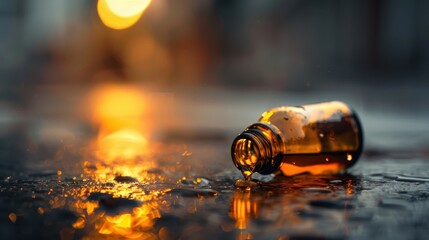 A close-up of a spilled amber glass bottle reflecting warm light on a wet surface, creating a serene atmosphere.
