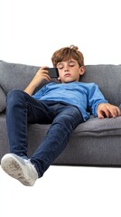 Fototapeta premium Relaxed young young Z generation lying on a sofa with a mobile phone isolated on white background