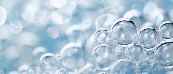 A close-up view of clear bubbles with soft blue bokeh, creating a soothing and clean aesthetic perfect for various uses.