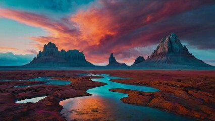 Naklejka premium Desert landscape with striking rock formations and colorful sunset sky