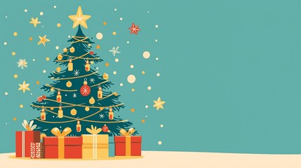 Fototapeta premium Christmas tree with gift boxes on green background