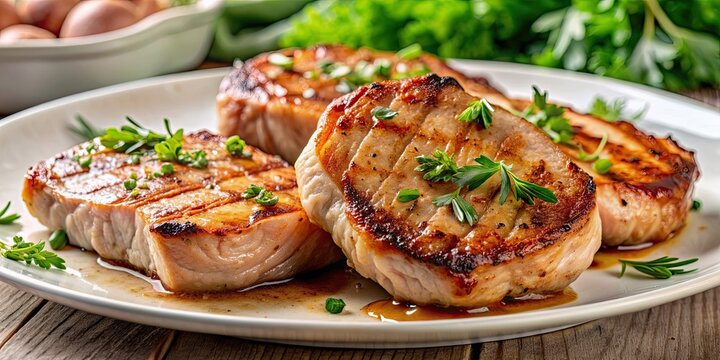 Close up of juicy pan seared boneless pork loin chops on a white plate , pork, loin chops, pan seared, juicy, white plate, meal