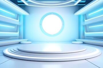 Obraz premium Futuristic room with round podium and blue lighting.
