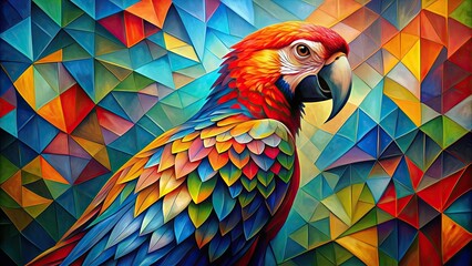 Fototapeta premium Colorful parrot Ara in cubism style oil painting with abstract geometric shapes, funny doodle s, and tattoo inspiration