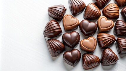 Fototapeta premium Stock photo of heart-shaped chocolates on a white background, chocolate, hearts, love, sweet, dessert, romantic, cute