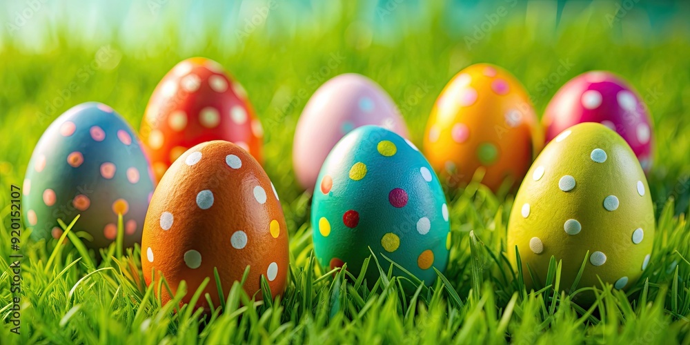 Sticker painted eggs with colorful dots scattered in green grass , easter, decoration, festive, spring, holi