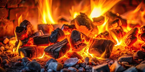 Fototapeta premium Coals burning in the fireplace , fire, flames, heat, warmth, cozy, home, interior, wood, embers, fireplace, hearth, toasty