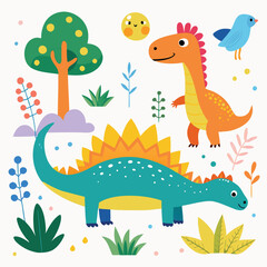 Set of cute isolated dinosaurs. Dinos, cactus, plants vector artwork