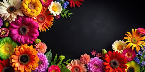 Colorful flowers on a black background with space for text card, flowers, vibrant, colorful