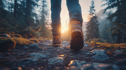 hiking boots on rugged terrain, highlighting the grip and durability. The scene captures the essence of adventure, resilience, and exploration, emphasizing the connection between man and nature