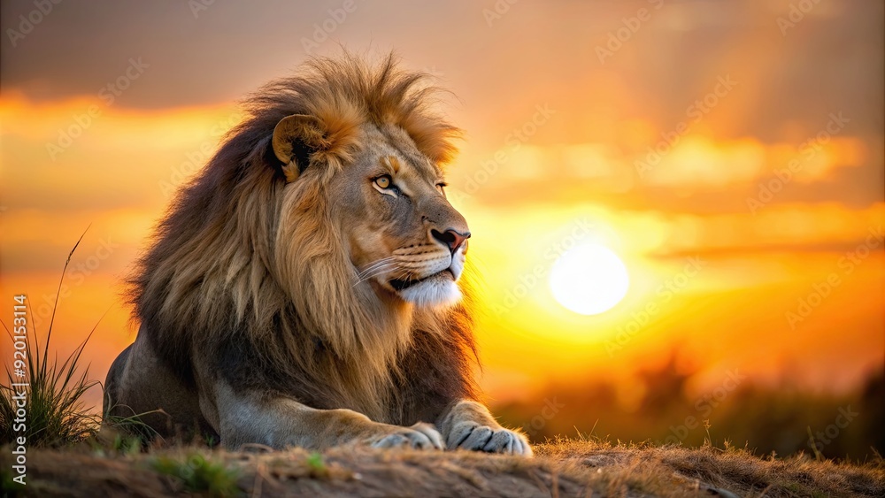 Wall mural Close up of lion basking in the sunset glow, lion, close up, wildlife, predator, majestic, mane, beauty, nature, sunset