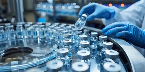 In a pharmaceutical factory, a medical worker expertly manages vaccine vials on the assembly line, emphasizing the crucial precision and accuracy needed in producing lifesaving vaccines