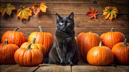 Black cat sitting among Halloween pumpkins, Black cat, Halloween, pumpkins, spooky, decorations, autumn, trick or treat