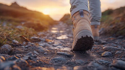hiking boots on rugged terrain, highlighting the grip and durability. The scene captures the essence of adventure, resilience, and exploration, emphasizing the connection between man and nature