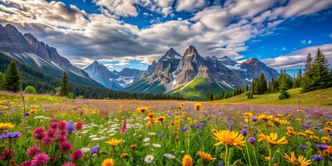 Vibrant wildflowers dot a serene alpine meadow, surrounded by towering mountain peaks, under a bright blue sky with a hint of wispy clouds.