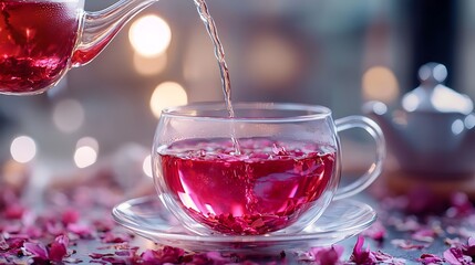 Pouring Rose Tea into a Glass Cup