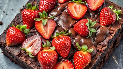 Close-up of a decadent chocolate brownie topped with fresh strawberries , dessert, sweet, indulgent, chocolate