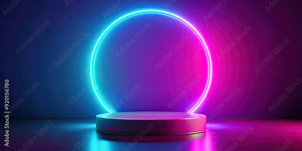 Sticker Podium with bright circle on neon background, podium, bright, circle, neon, background, glowing, stage, presentation, success