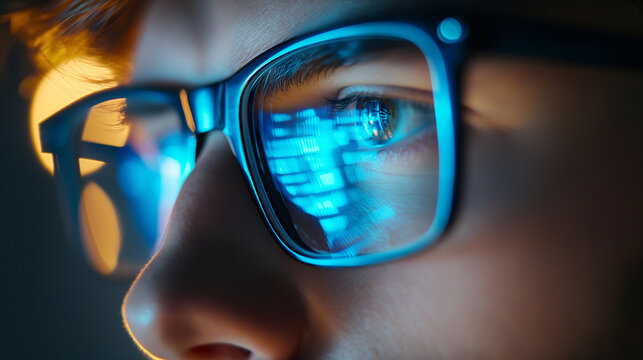 Programmer developer coder wears glasses working on programming code data, reflecting in glasses.	