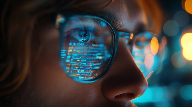 Programmer developer coder wears glasses working on programming code data, reflecting in glasses.	