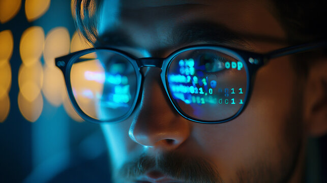 Programmer developer coder wears glasses working on programming code data, reflecting in glasses.	