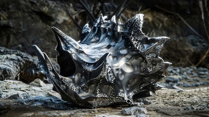 An edgy bionic shell with a jagged spiked surface resembling an armadillos armor in shades of charcoal and silver.