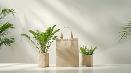 A stylish paper bag displayed alongside lush green plants, creating a fresh and modern aesthetic perfect for eco-friendly themes.