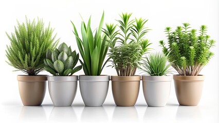Fototapeta premium Collection of realistic plants with ceramic pots isolated on background. rendering, plants, ceramic pots