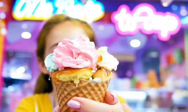 Portrait video of cheerful ice cream shop attendant serving colorful ice cream cone in vibrant shop