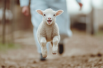 A cute baby sheep jumping and playing with veterinarian.