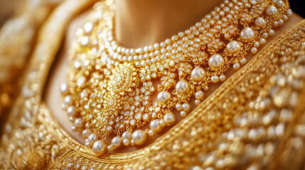 Close up of a bride wearing an elaborate gold necklace with pearls and gemstones on her wedding day