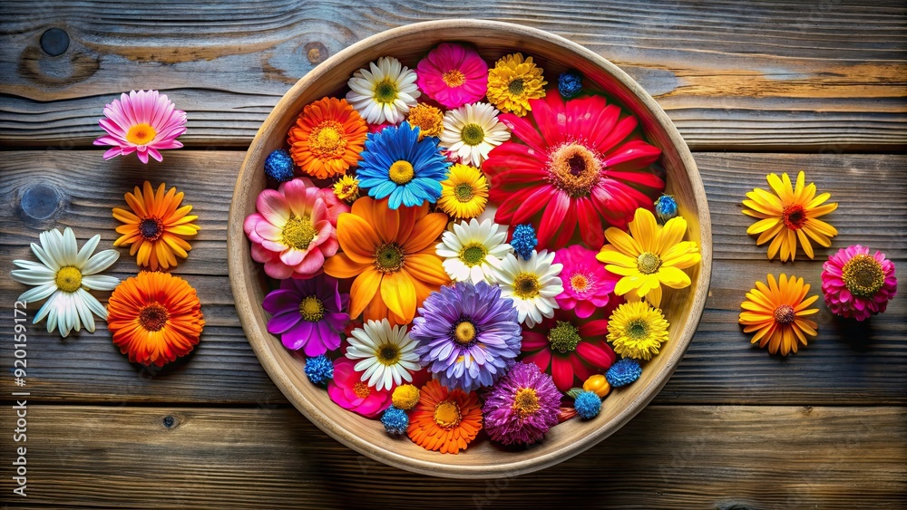 Poster Bowl filled with vibrant flowers , floral arrangement, colorful, centerpiece, home decor, spring, summer, beauty, gardening