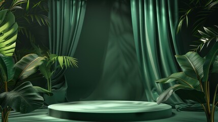 Green Stage With Tropical Plants and Curtains