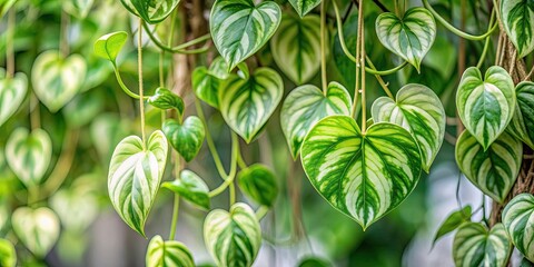Obraz premium Heart shaped green variegated leaves hanging vine plant bush of devil?s ivy, popular tropical houseplant , foliage, plant