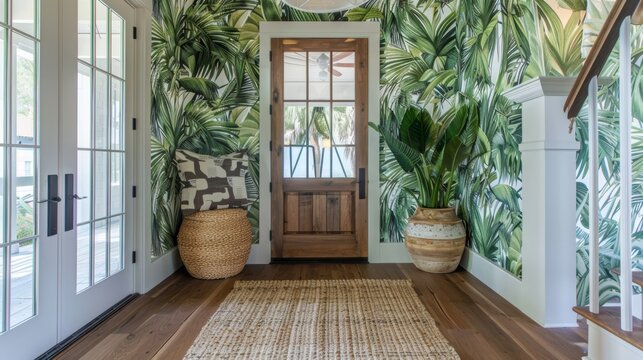 A touch of tropical flair in this beach house entryway featuring a wicker side table and vibrant palm leaf wallpaper.