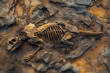 Naklejka premium Top view of dinosaur fossil on dirt, Skeleton of ancient animal.
