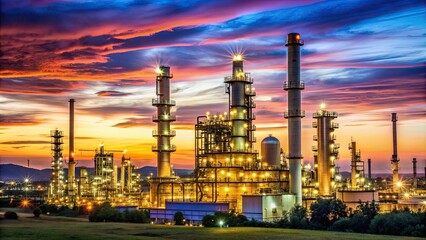 Fototapeta premium Oil refinery glowing in twilight sky, oil refinery, industrial, factory, night, lights, illuminated