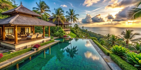 Fototapeta premium Luxurious Bali dream home with traditional Balinese architecture, infinity pool