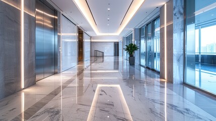Modern Office Hallway with Marble Floor and Glass Windows