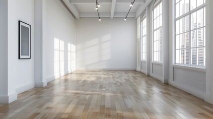 Fototapeta premium Bright and spacious gallery with wooden floor and large windows, ideal for exhibitions, events, or creative workspaces.