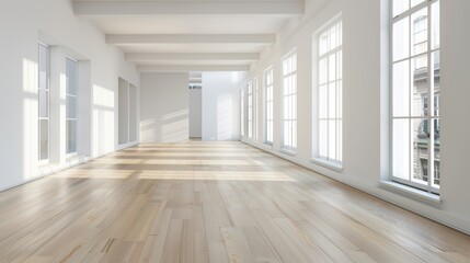 Fototapeta premium Bright and spacious interior with large windows and wooden floor, perfect for modern design projects or staging.